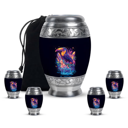 Calming Blue Hornbill Cremation Urn detail view - majestic hornbill pattern with filigree border - memorial set with one large and four small urns