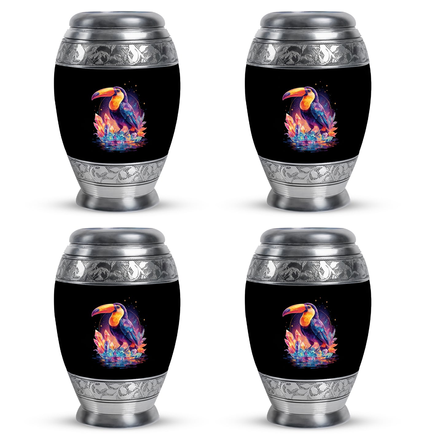 Charcoal Black Hornbill Cremation Urn urn with complimentary velvet bag - royal hornbill engraving with decorative scrollwork - 10 inch aluminum urn for cremated remains