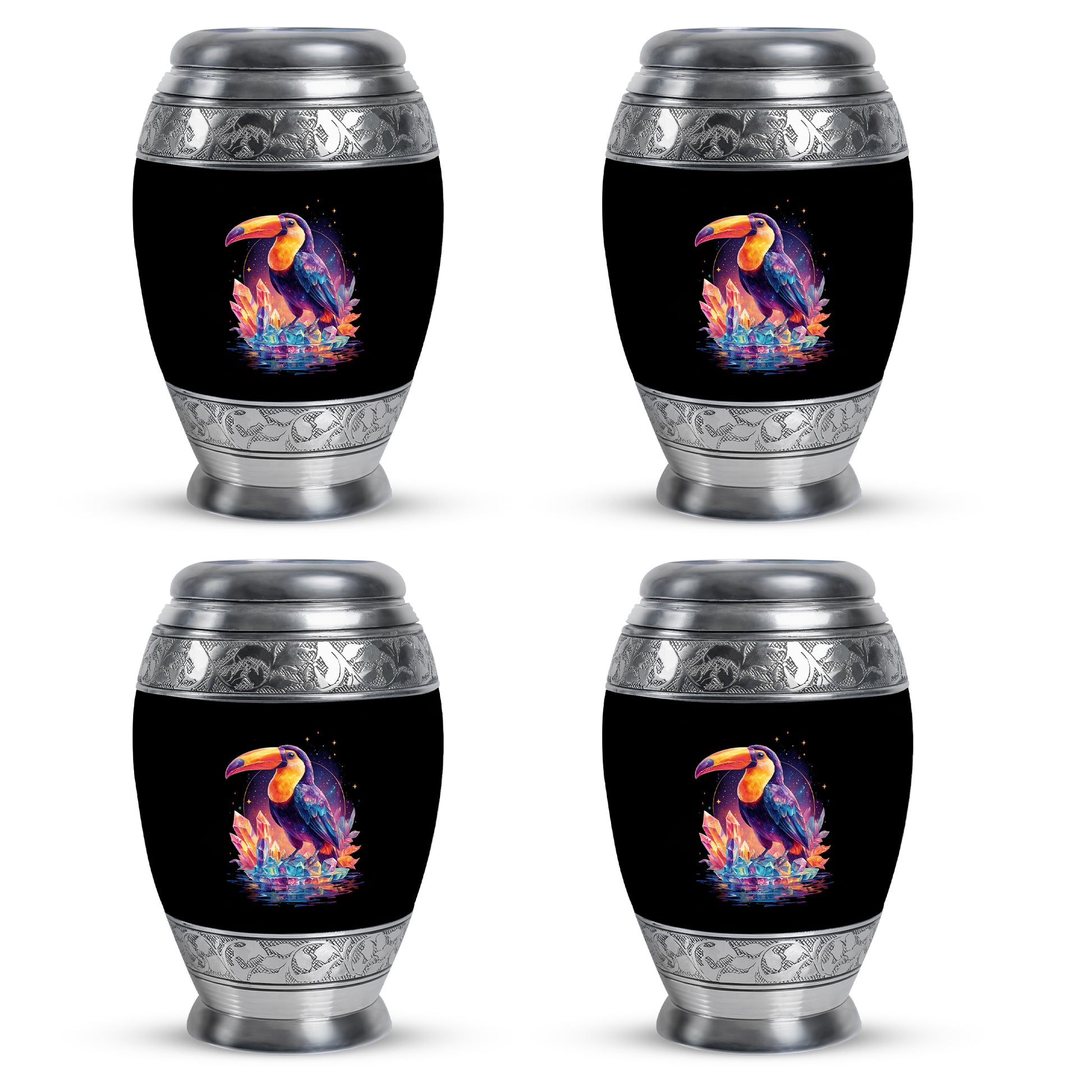 Charcoal Black Hornbill Cremation Urn urn with complimentary velvet bag - royal hornbill engraving with decorative scrollwork - 10 inch aluminum urn for cremated remains