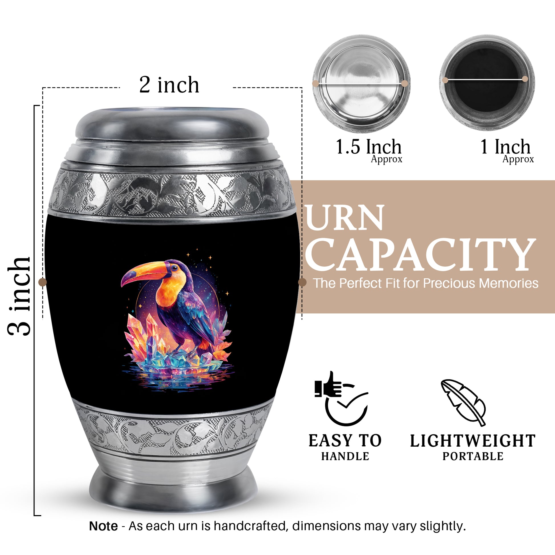 Ebony Hornbill Cremation Urn lifestyle display on memorial shelf - regal hornbill design with crown-inspired accents - mini keepsake memorial for portion of cremation ashes