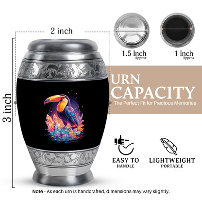 Ebony Hornbill Cremation Urn lifestyle display on memorial shelf - regal hornbill design with crown-inspired accents - mini keepsake memorial for portion of cremation ashes