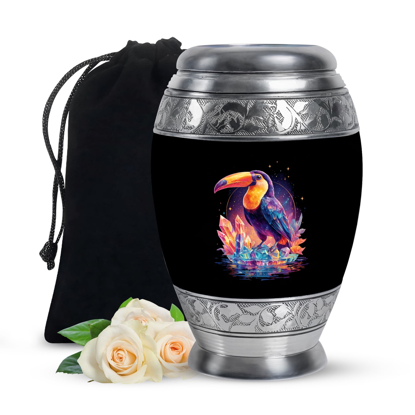 Onyx Black Hornbill Cremation Urn back view with polished surface - royal hornbill engraving with decorative scrollwork - full-size 10 inch 200 cubic inch adult cremation urn