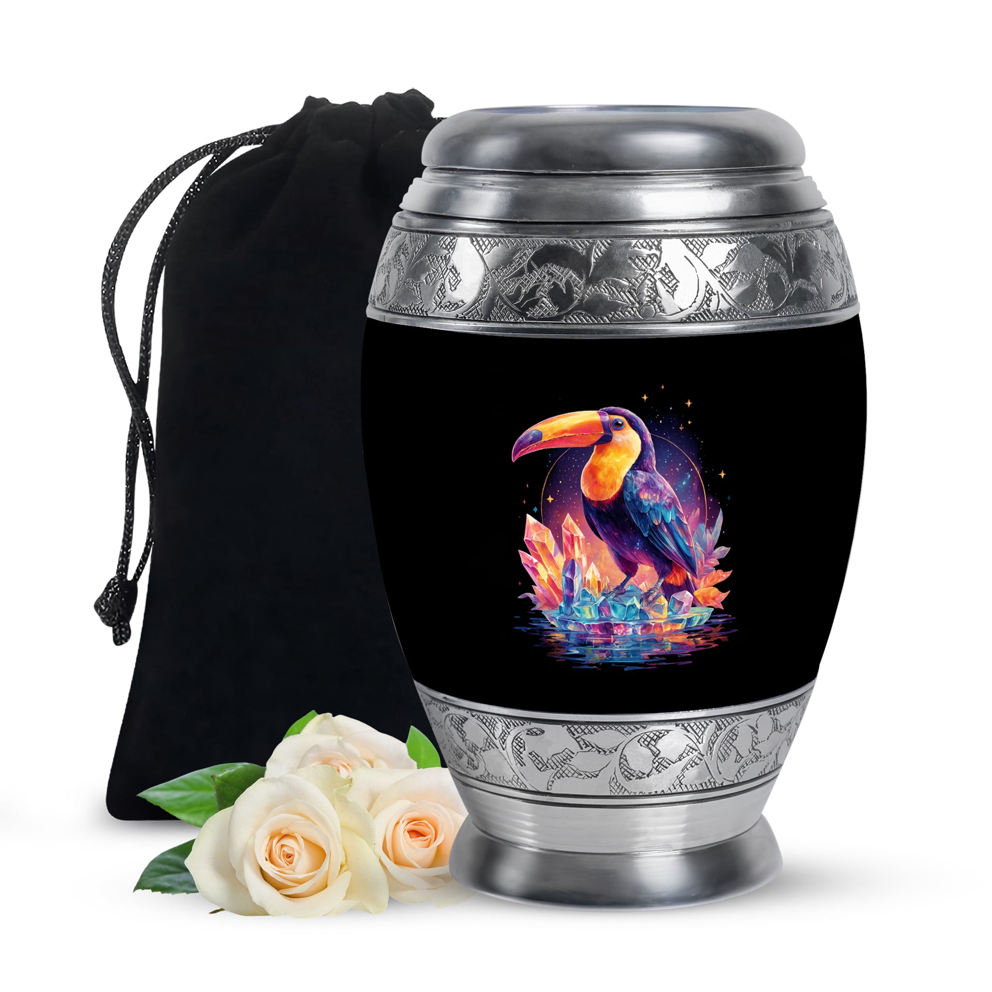 Onyx Black Hornbill Cremation Urn back view with polished surface - royal hornbill engraving with decorative scrollwork - full-size 10 inch 200 cubic inch adult cremation urn