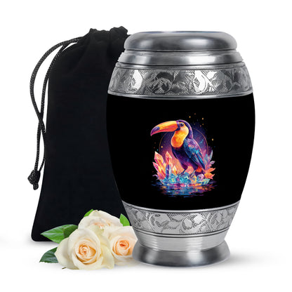 Onyx Black Hornbill Cremation Urn back view with polished surface - royal hornbill engraving with decorative scrollwork - full-size 10 inch 200 cubic inch adult cremation urn