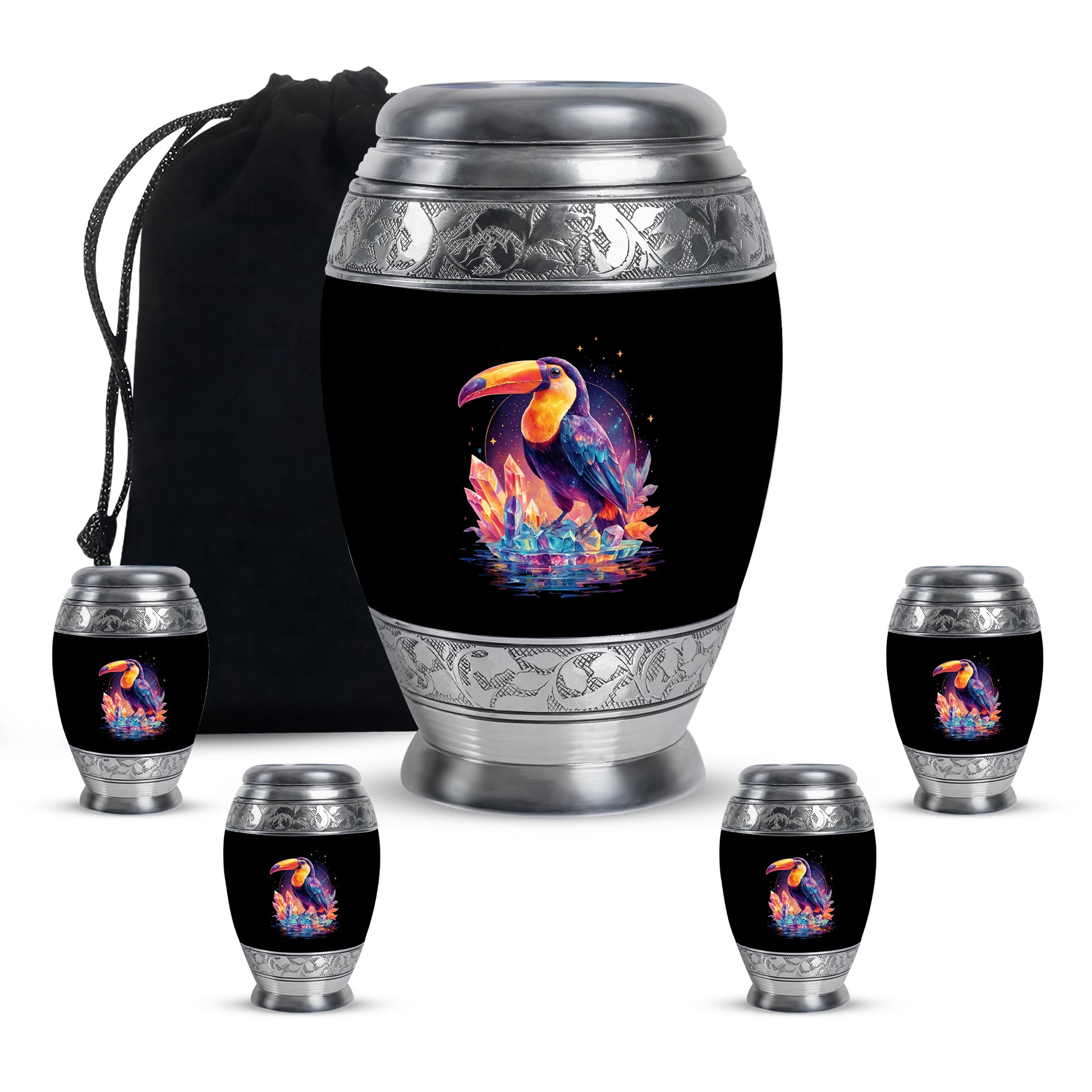Ebony Hornbill Cremation Urn detail view - regal hornbill design with crown-inspired accents - memorial set with one large and four small urns