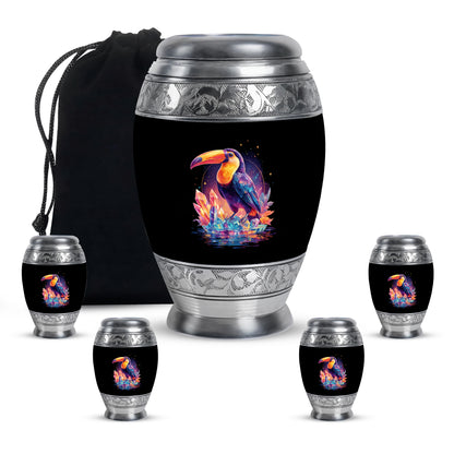 Ebony Hornbill Cremation Urn detail view - regal hornbill design with crown-inspired accents - memorial set with one large and four small urns