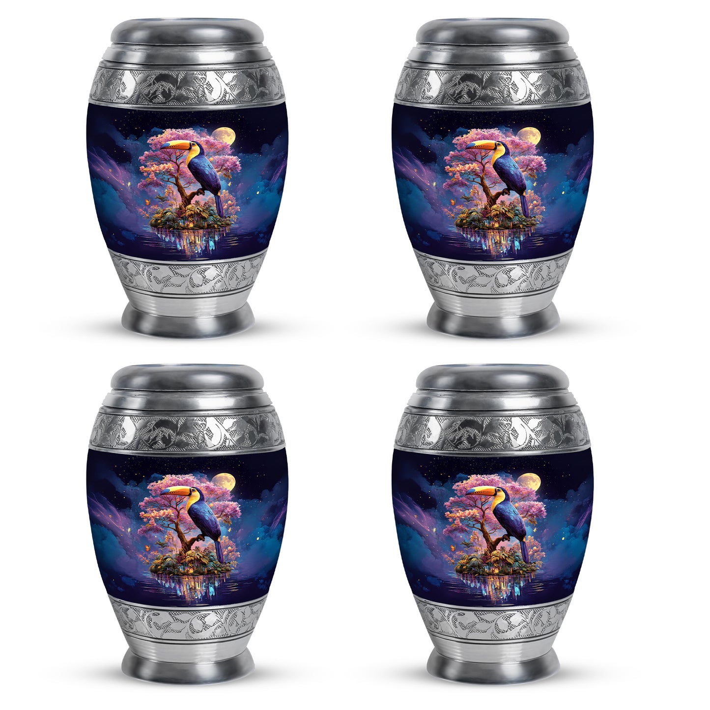 Cobalt Blue Hornbill Cremation Urn urn with complimentary velvet bag - royal hornbill engraving with decorative scrollwork - 10 inch aluminum urn for cremated remains