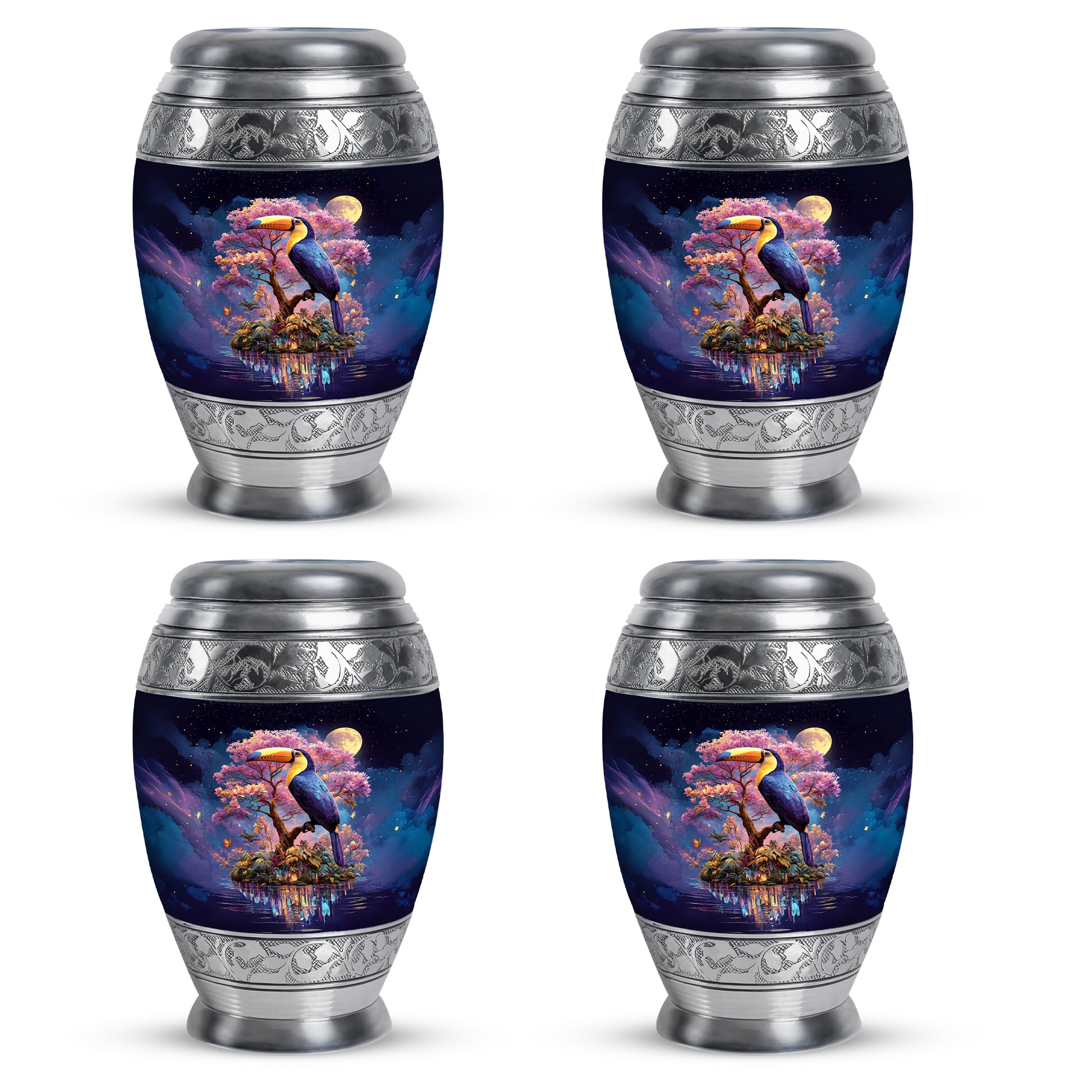Cobalt Blue Hornbill Cremation Urn urn with complimentary velvet bag - royal hornbill engraving with decorative scrollwork - 10 inch aluminum urn for cremated remains