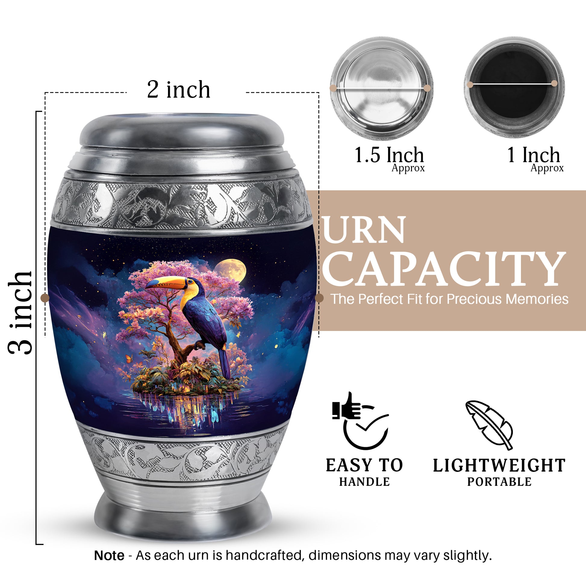 Slate Blue Hornbill Cremation Urn lifestyle display on memorial shelf - ornate monarch-style hornbill relief on brushed aluminum - mini keepsake memorial for portion of cremation ashes