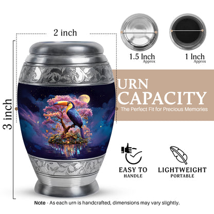 Slate Blue Hornbill Cremation Urn lifestyle display on memorial shelf - ornate monarch-style hornbill relief on brushed aluminum - mini keepsake memorial for portion of cremation ashes