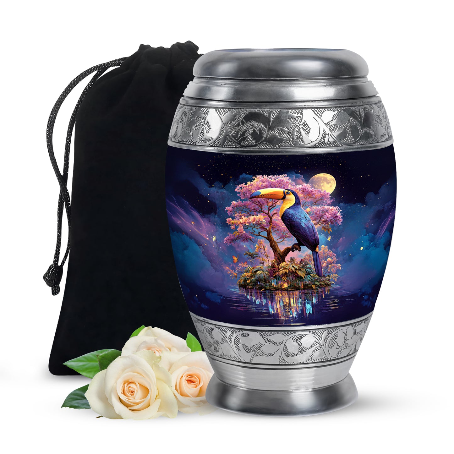Navy Blue Hornbill Cremation Urn back view with polished surface - regal hornbill design with crown-inspired accents - full-size 10 inch 200 cubic inch adult cremation urn