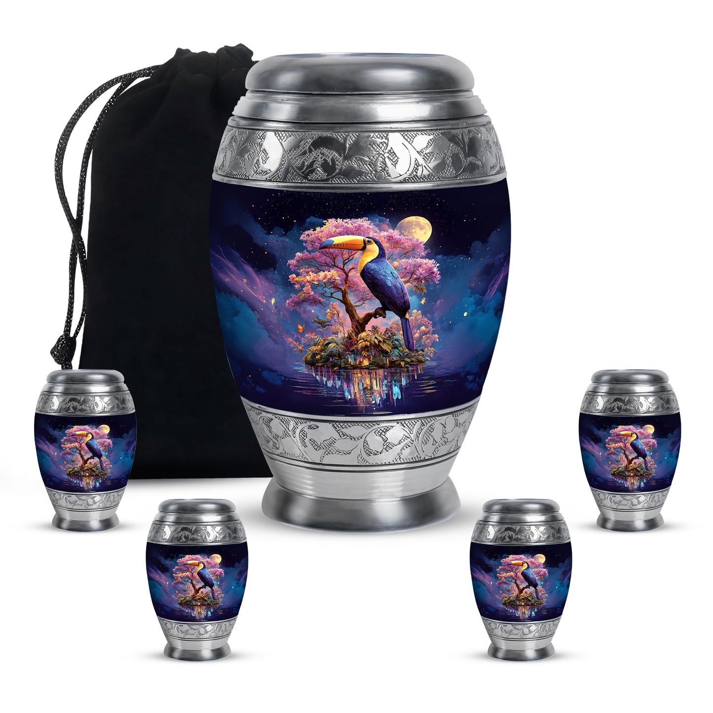 Soft Blue Hornbill Cremation Urn detail view - majestic hornbill pattern with filigree border - memorial set with one large and four small urns