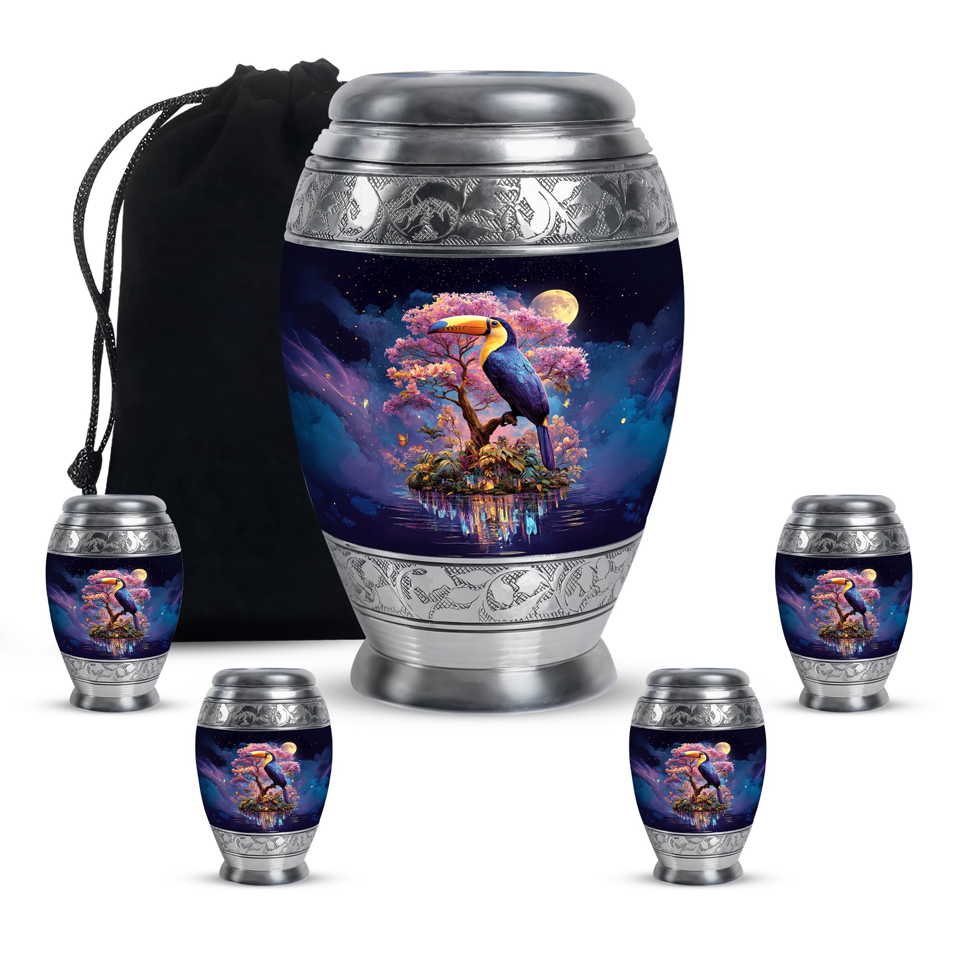 Soft Blue Hornbill Cremation Urn detail view - majestic hornbill pattern with filigree border - memorial set with one large and four small urns