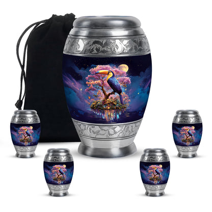 Soft Blue Hornbill Cremation Urn detail view - majestic hornbill pattern with filigree border - memorial set with one large and four small urns