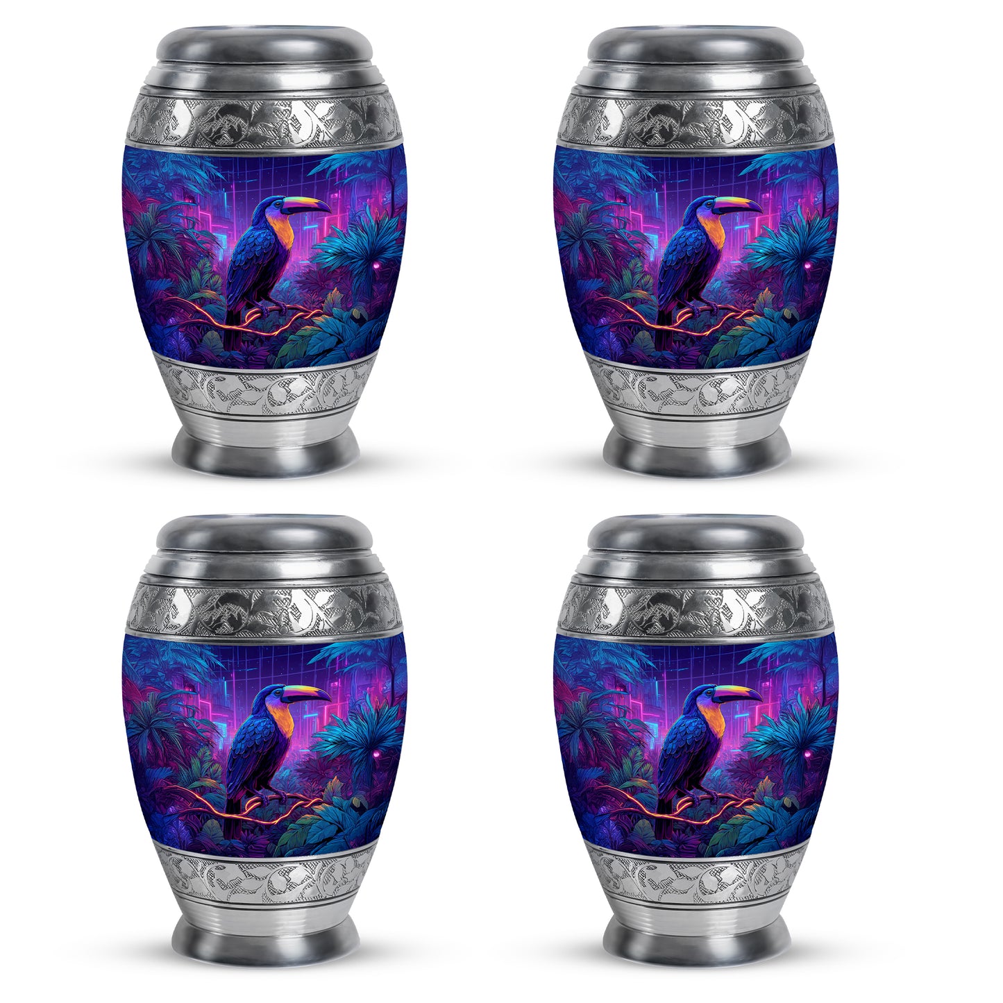 Slate Blue Hornbill Cremation Urn urn with complimentary velvet bag - ornate monarch-style hornbill relief on brushed aluminum - 10 inch aluminum urn for cremated remains