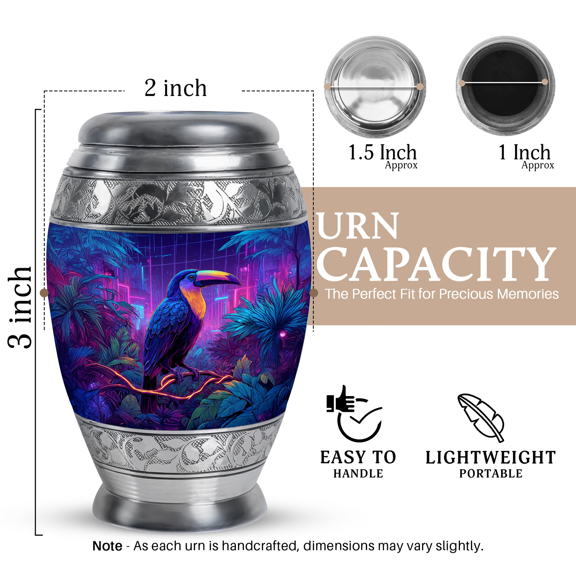 Calming Blue Hornbill Cremation Urn lifestyle display on memorial shelf - royal hornbill engraving with decorative scrollwork - mini keepsake memorial for portion of cremation ashes