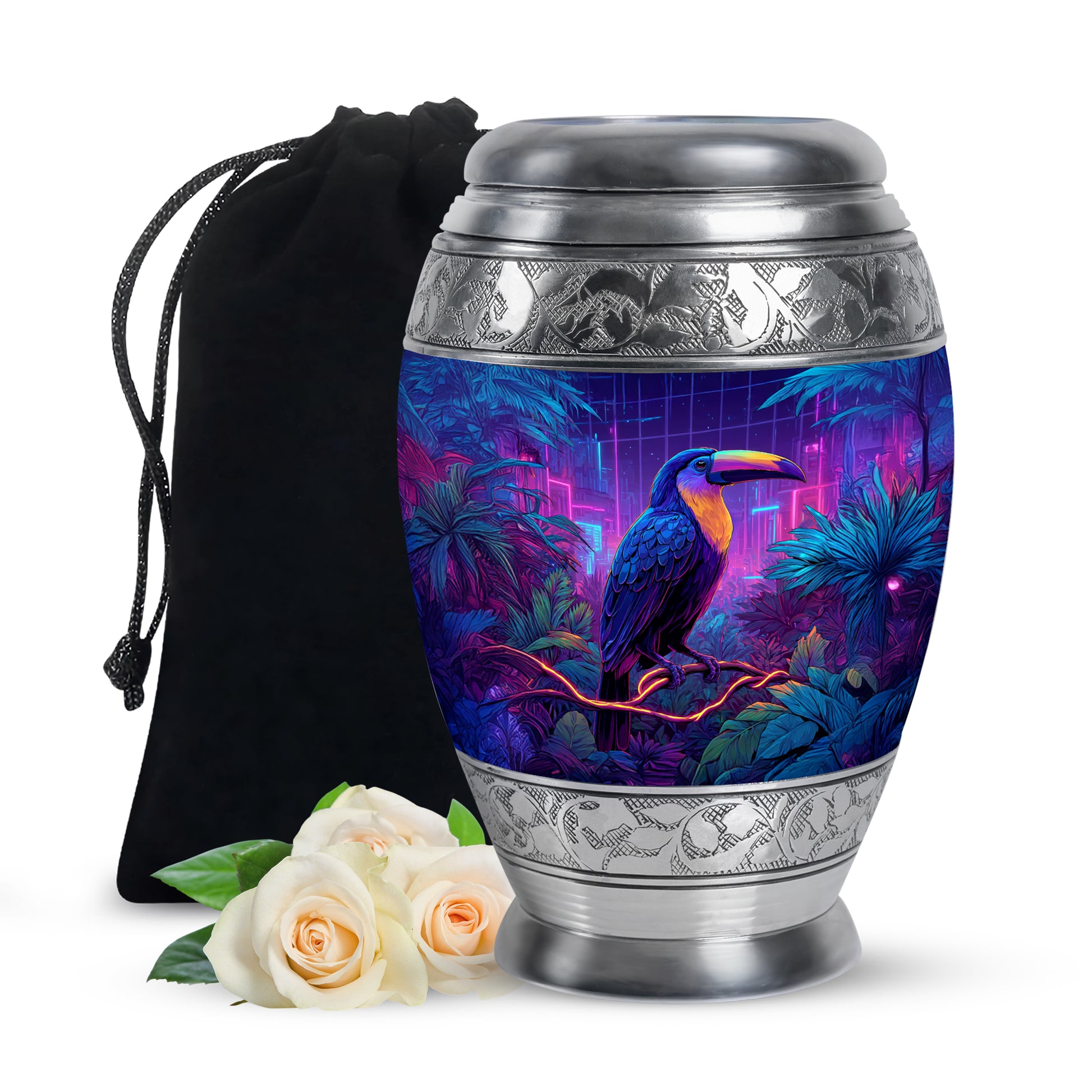 Bright Blue Hornbill Cremation Urn back view with polished surface - majestic hornbill pattern with filigree border - full-size 10 inch 200 cubic inch adult cremation urn