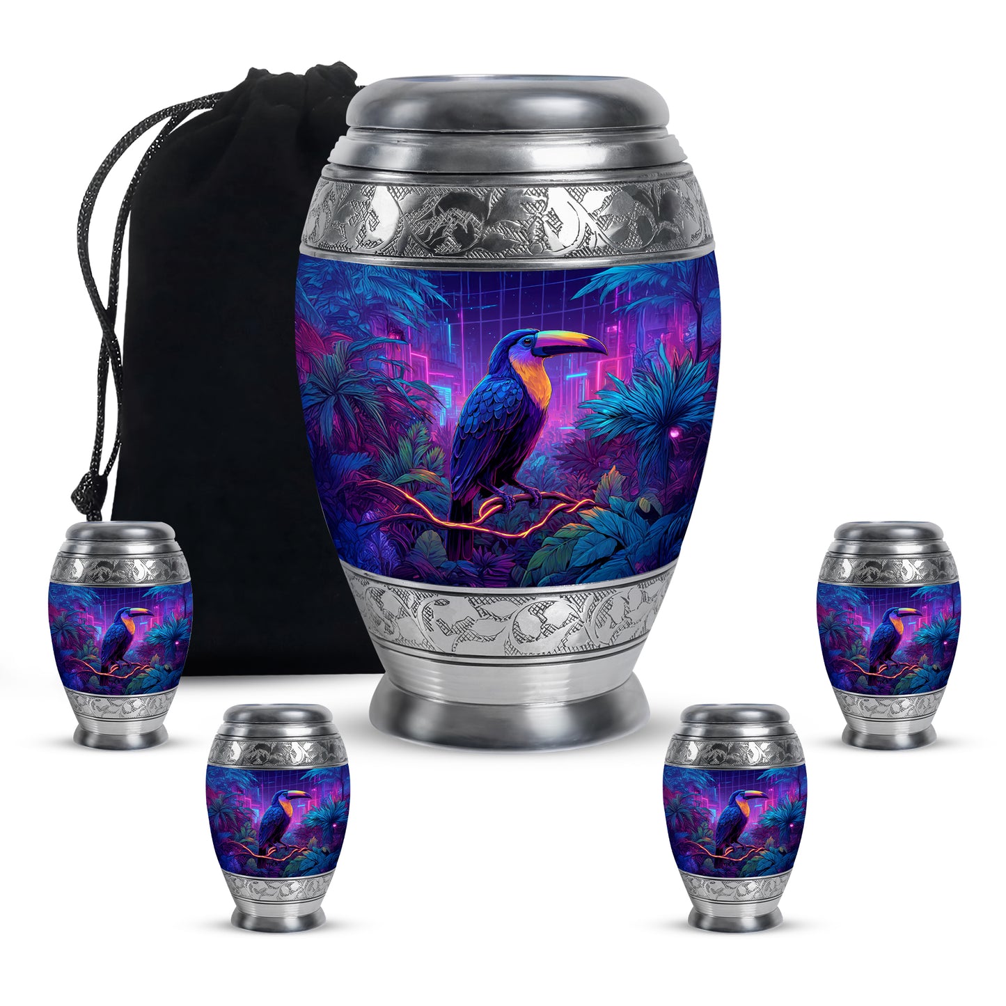 Cobalt Blue Hornbill Cremation Urn detail view - majestic hornbill pattern with filigree border - memorial set with one large and four small urns