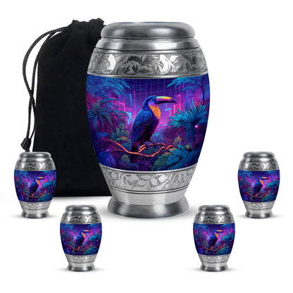 Cobalt Blue Hornbill Cremation Urn detail view - majestic hornbill pattern with filigree border - memorial set with one large and four small urns