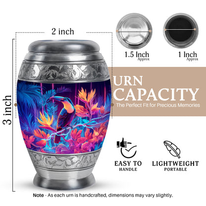 Twilight Purple Hornbill Cremation Urn lifestyle display on memorial shelf - majestic hornbill pattern with filigree border - mini keepsake memorial for portion of cremation ashes
