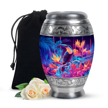 Violet Purple Hornbill Cremation Urn back view with polished surface - majestic hornbill pattern with filigree border - full-size 10 inch 200 cubic inch adult cremation urn