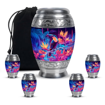Deep Purple Hornbill Cremation Urn detail view - regal hornbill design with crown-inspired accents - memorial set with one large and four small urns