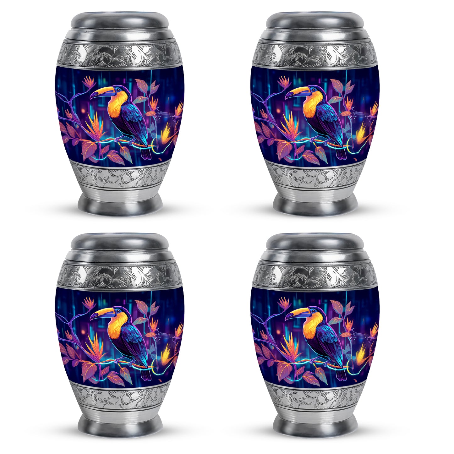 Royal Blue Hornbill Cremation Urn urn with complimentary velvet bag - majestic hornbill pattern with filigree border - 10 inch aluminum urn for cremated remains