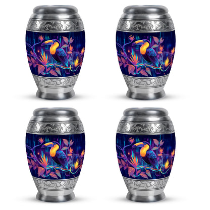 Royal Blue Hornbill Cremation Urn urn with complimentary velvet bag - majestic hornbill pattern with filigree border - 10 inch aluminum urn for cremated remains