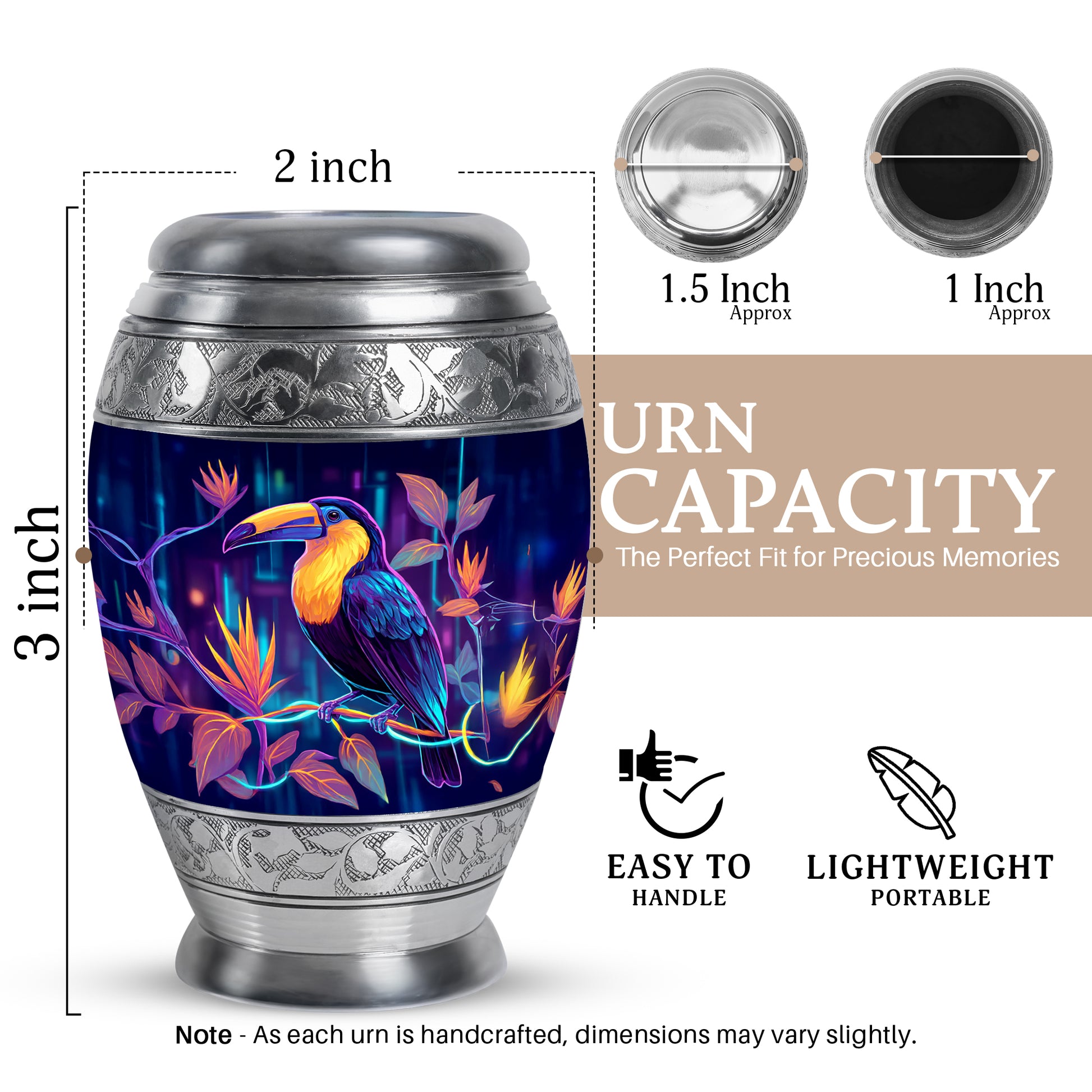 Dusty Blue Hornbill Cremation Urn lifestyle display on memorial shelf - ornate monarch-style hornbill relief on brushed aluminum - mini keepsake memorial for portion of cremation ashes