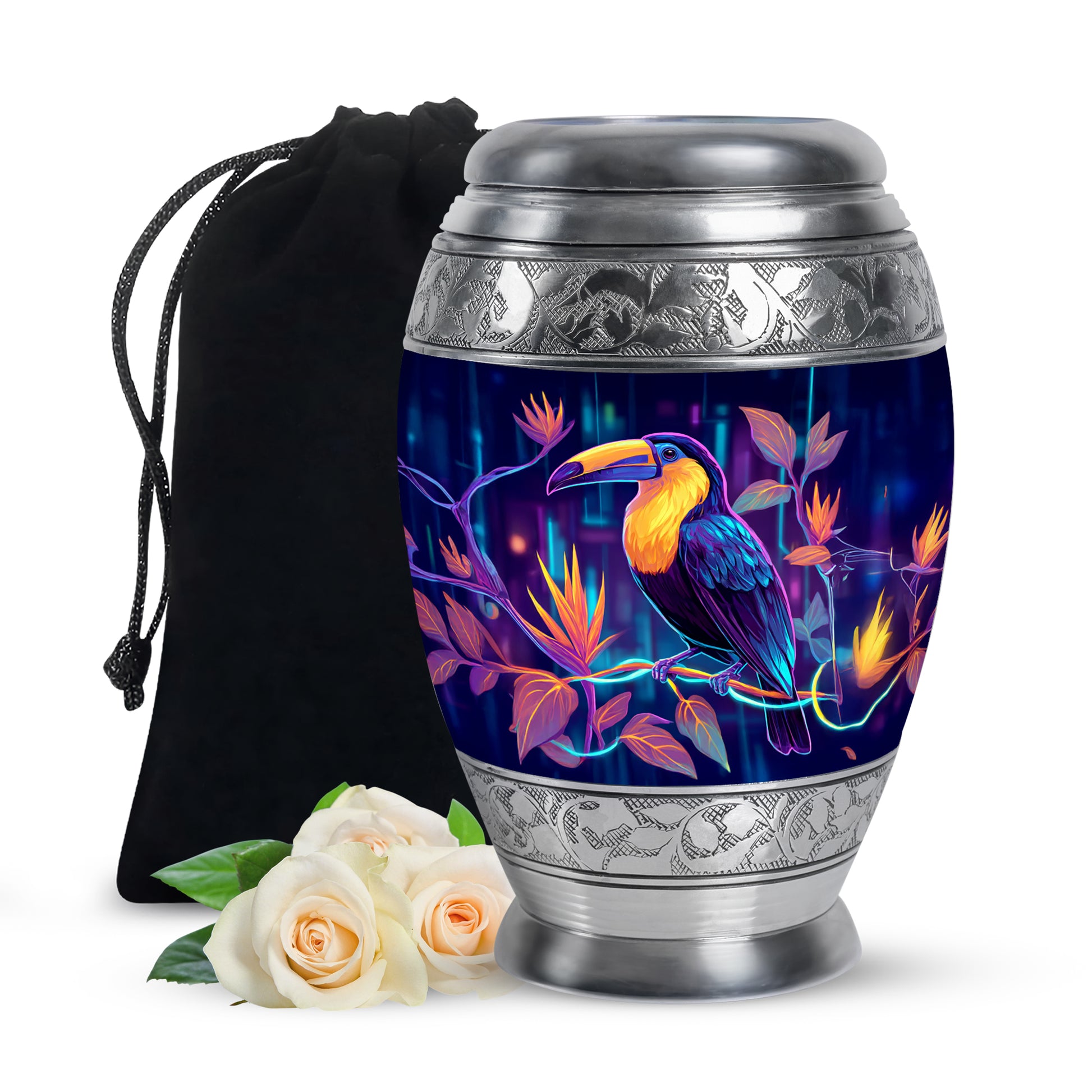 Icy Blue Hornbill Cremation Urn back view with polished surface - regal hornbill design with crown-inspired accents - full-size 10 inch 200 cubic inch adult cremation urn