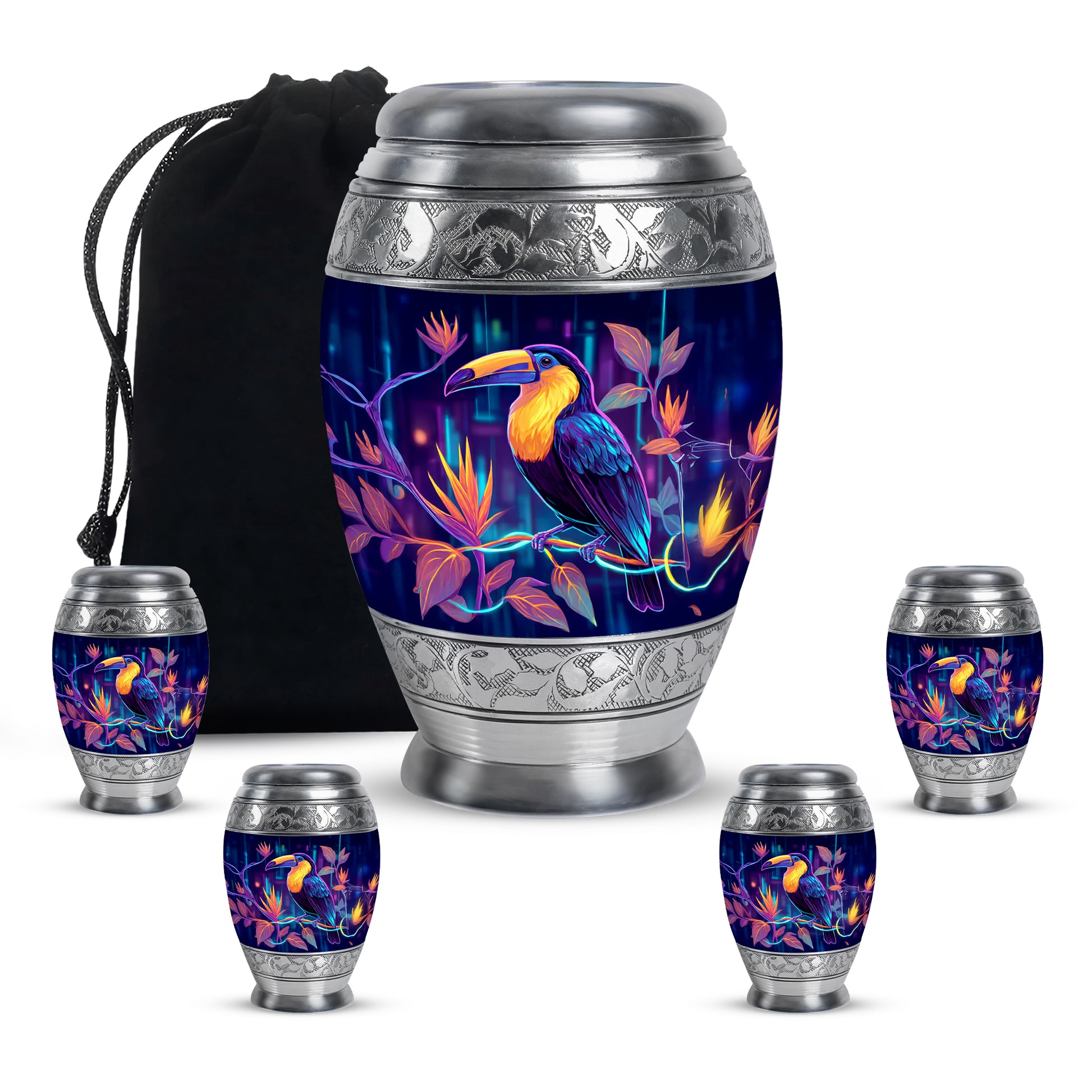 Sapphire Blue Hornbill Cremation Urn detail view - royal hornbill engraving with decorative scrollwork - memorial set with one large and four small urns