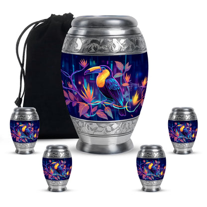 Sapphire Blue Hornbill Cremation Urn detail view - royal hornbill engraving with decorative scrollwork - memorial set with one large and four small urns