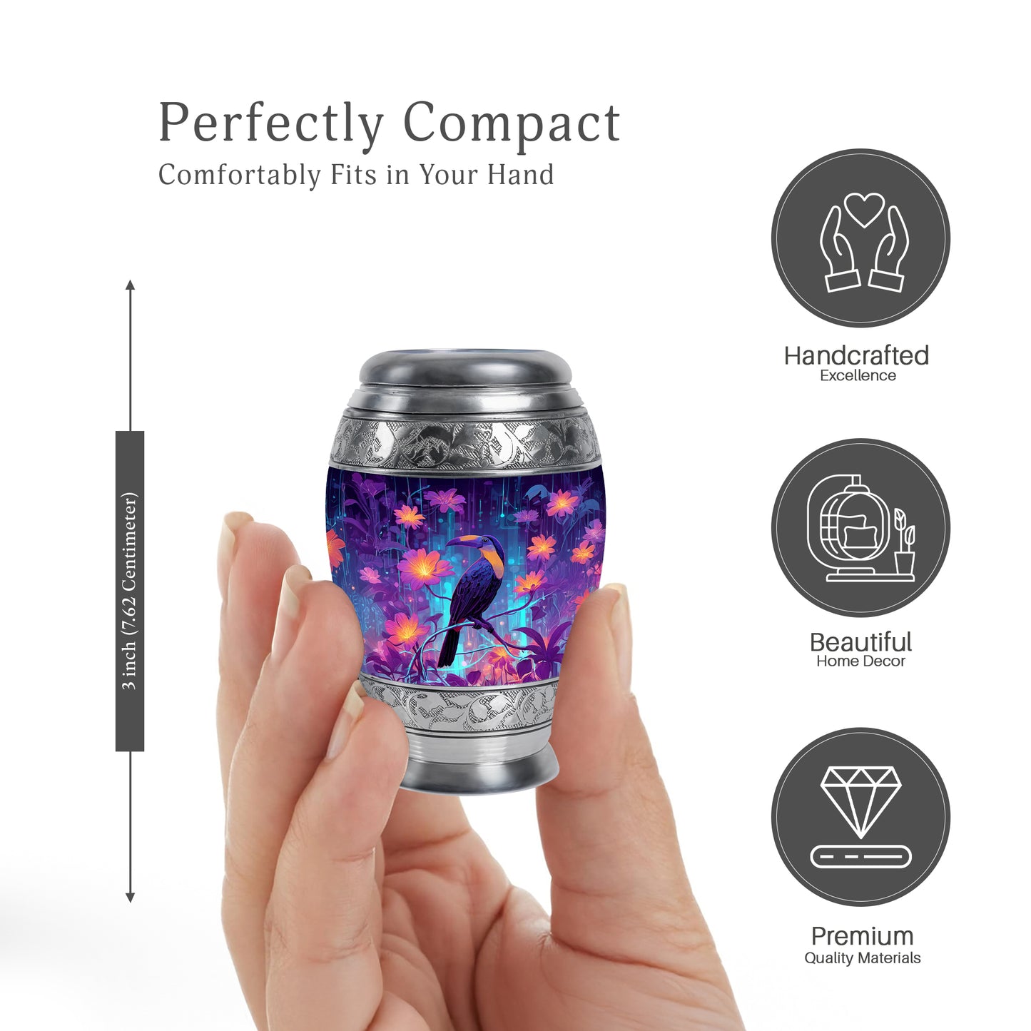 Vivid Blue Hornbill Cremation Urn lifestyle display on memorial shelf - royal hornbill engraving with decorative scrollwork - mini keepsake memorial for portion of cremation ashes