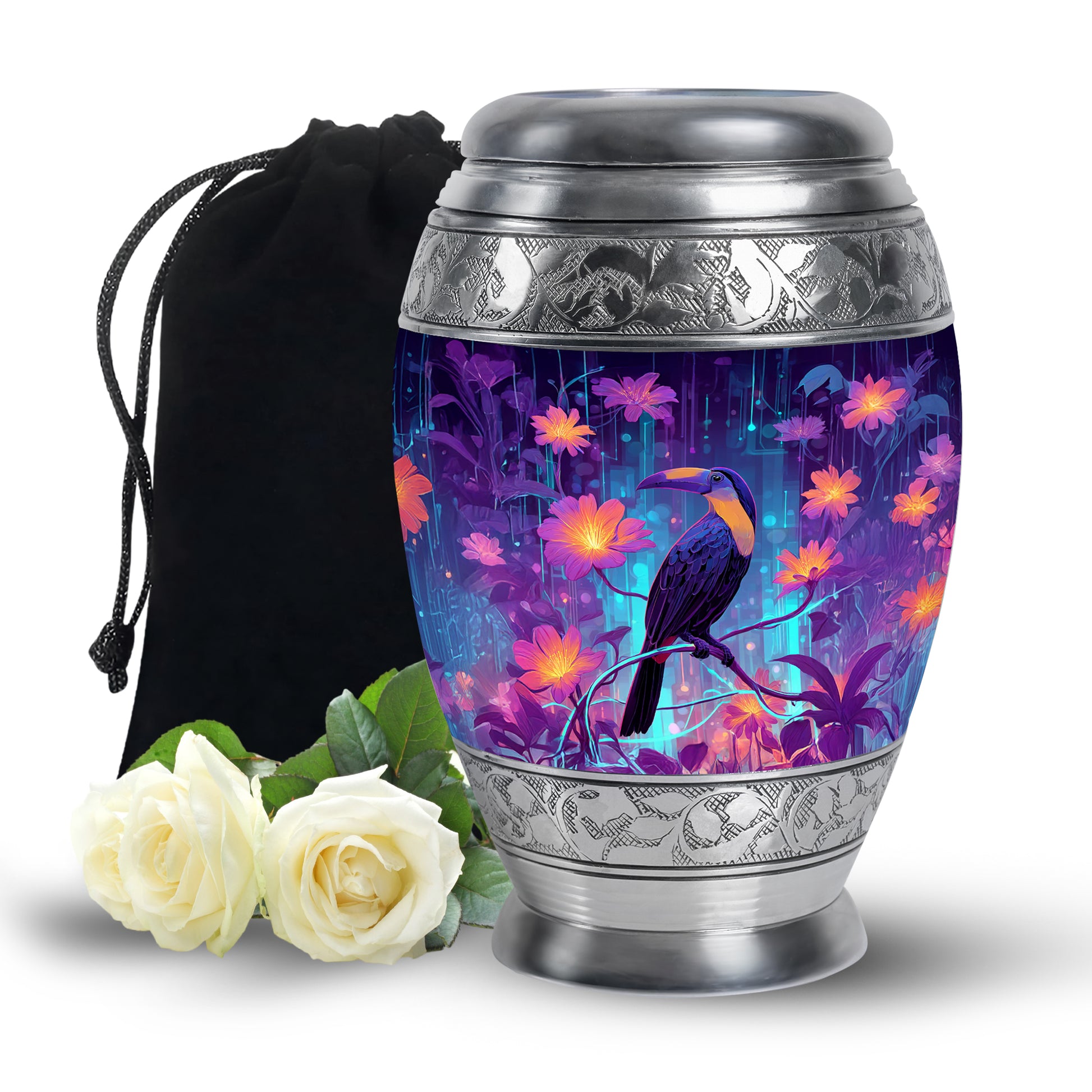 Calming Blue Hornbill Cremation Urn back view with polished surface - majestic hornbill pattern with filigree border - full-size 10 inch 200 cubic inch adult cremation urn