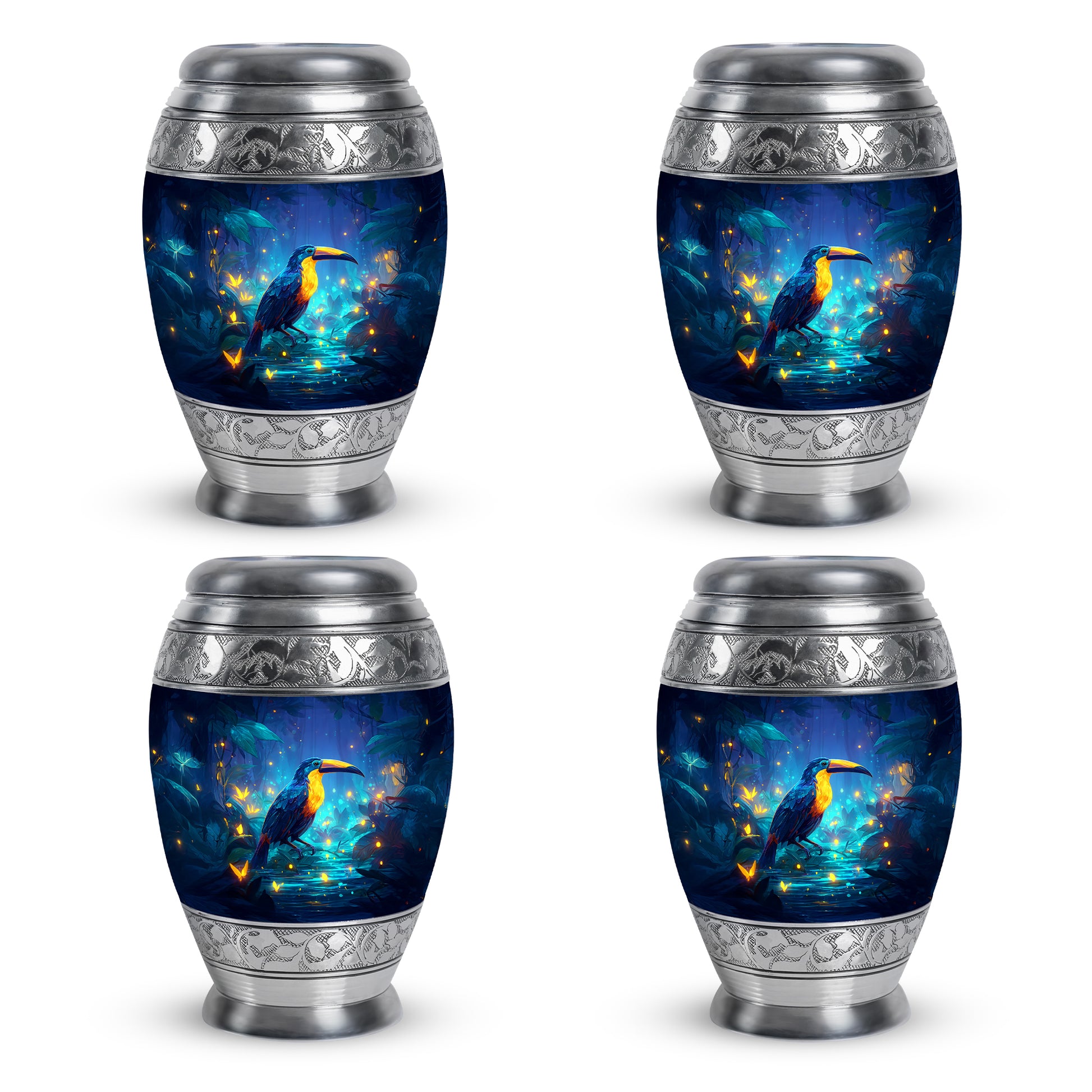 Cobalt Blue Hornbill Cremation Urn urn with complimentary velvet bag - majestic hornbill pattern with filigree border - 10 inch aluminum urn for cremated remains