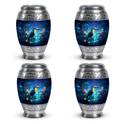 Cobalt Blue Hornbill Cremation Urn urn with complimentary velvet bag - majestic hornbill pattern with filigree border - 10 inch aluminum urn for cremated remains