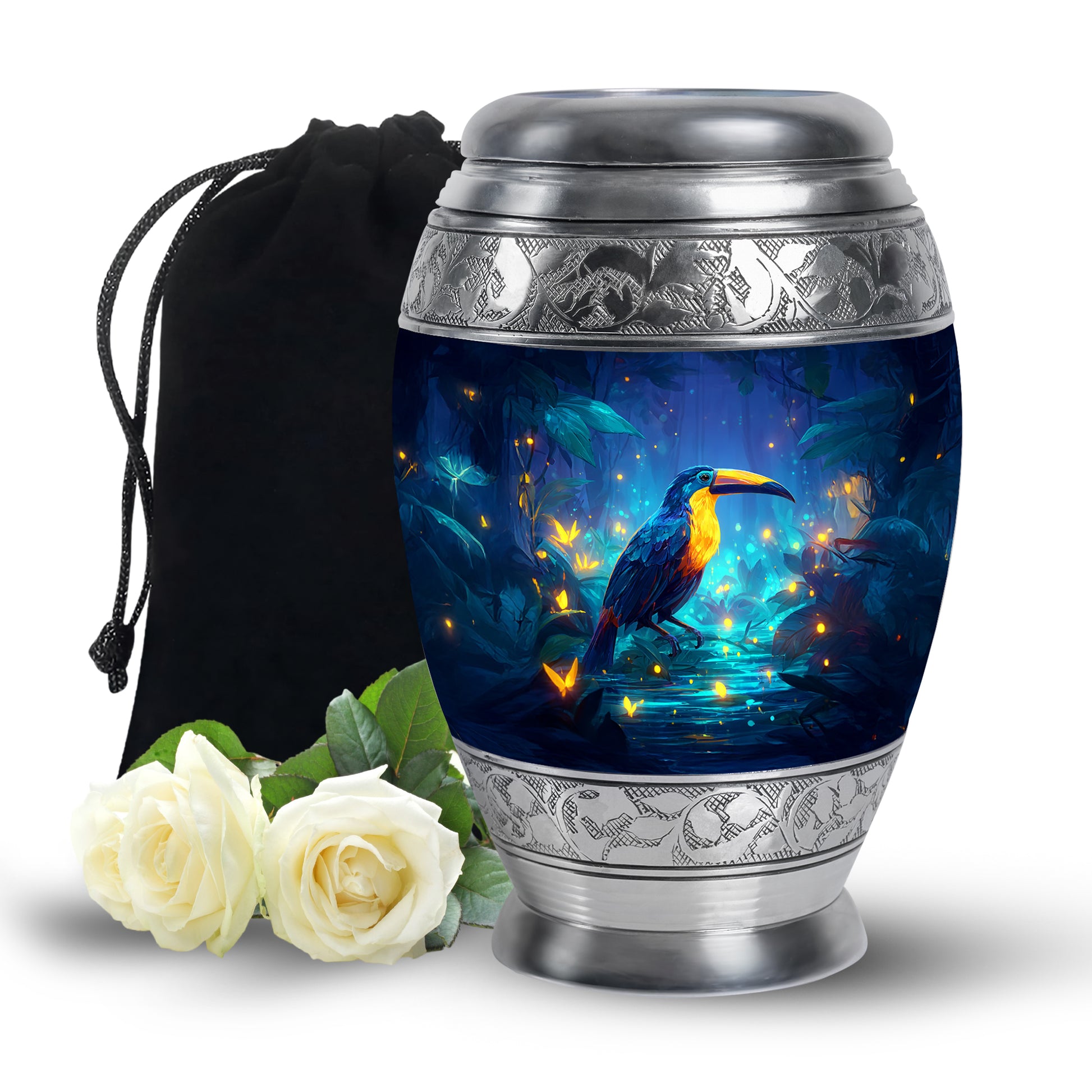 Indigo Hornbill Cremation Urn back view with polished surface - regal hornbill design with crown-inspired accents - full-size 10 inch 200 cubic inch adult cremation urn