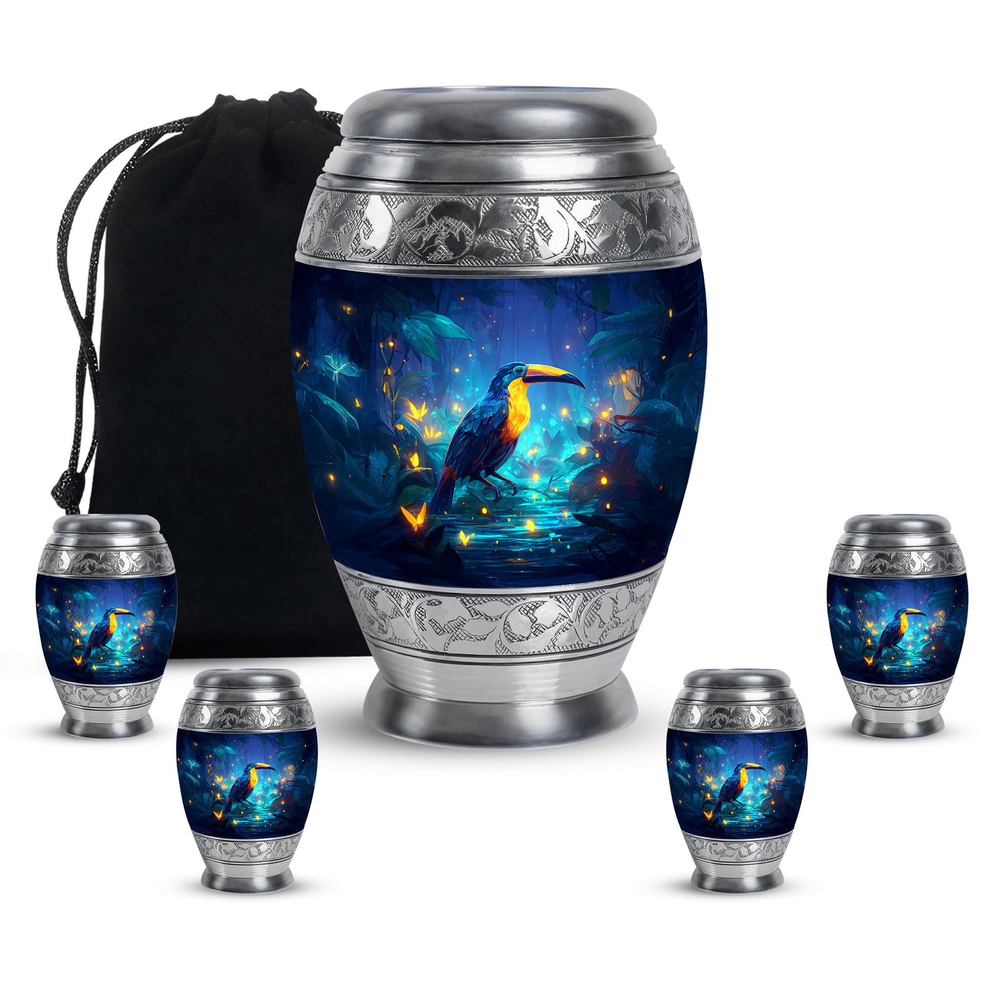 Indigo Hornbill Cremation Urn detail view - regal hornbill design with crown-inspired accents - memorial set with one large and four small urns