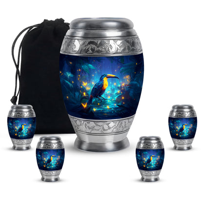 Indigo Hornbill Cremation Urn detail view - regal hornbill design with crown-inspired accents - memorial set with one large and four small urns