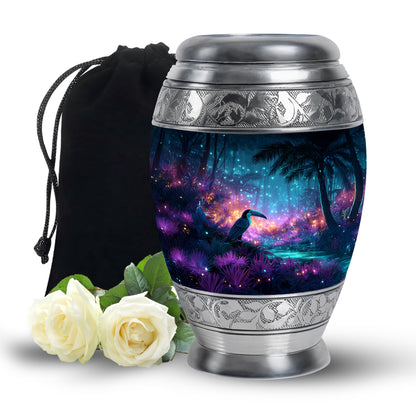 Twilight Blue Hornbill Cremation Urn back view with polished surface - royal hornbill engraving with decorative scrollwork - full-size 10 inch 200 cubic inch adult cremation urn
