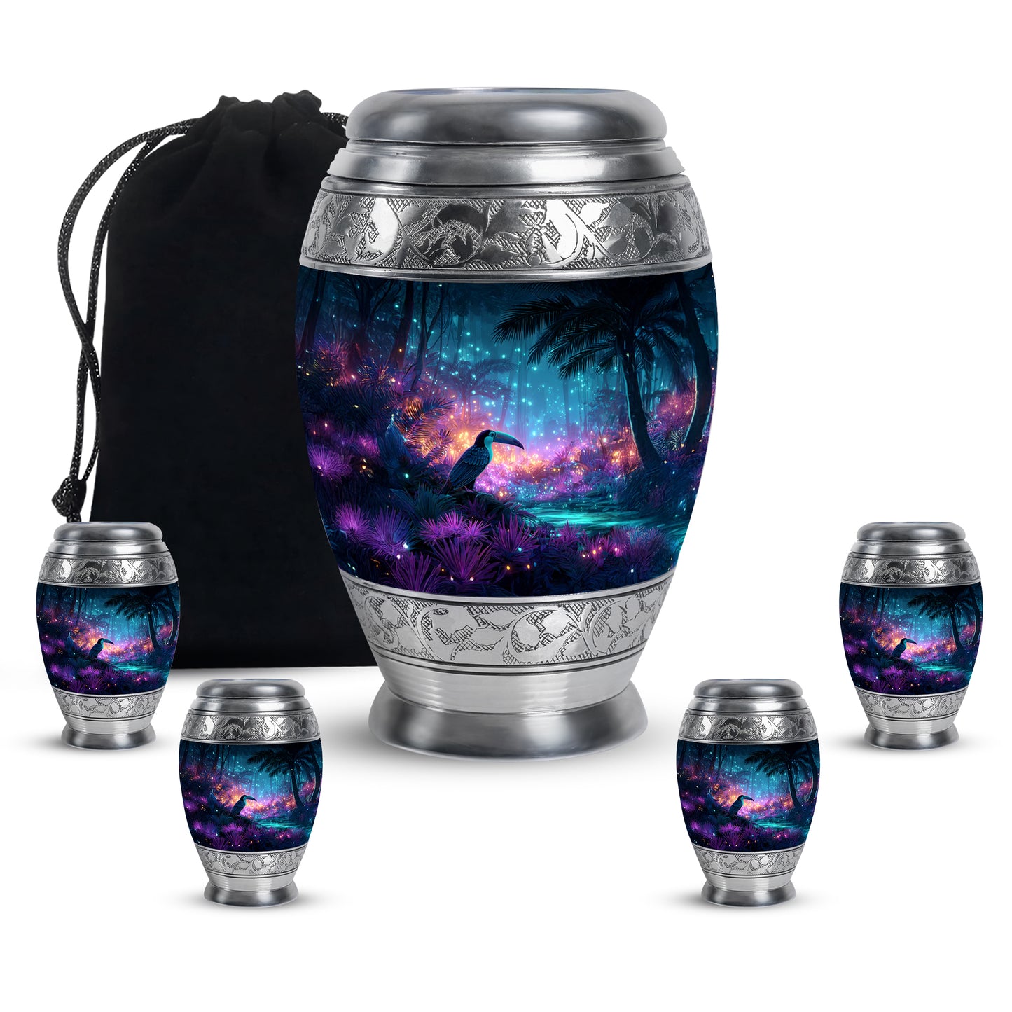 Misty Blue Hornbill Cremation Urn detail view - regal hornbill design with crown-inspired accents - memorial set with one large and four small urns