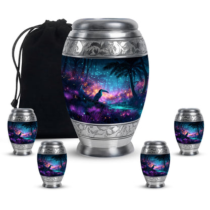 Misty Blue Hornbill Cremation Urn detail view - regal hornbill design with crown-inspired accents - memorial set with one large and four small urns