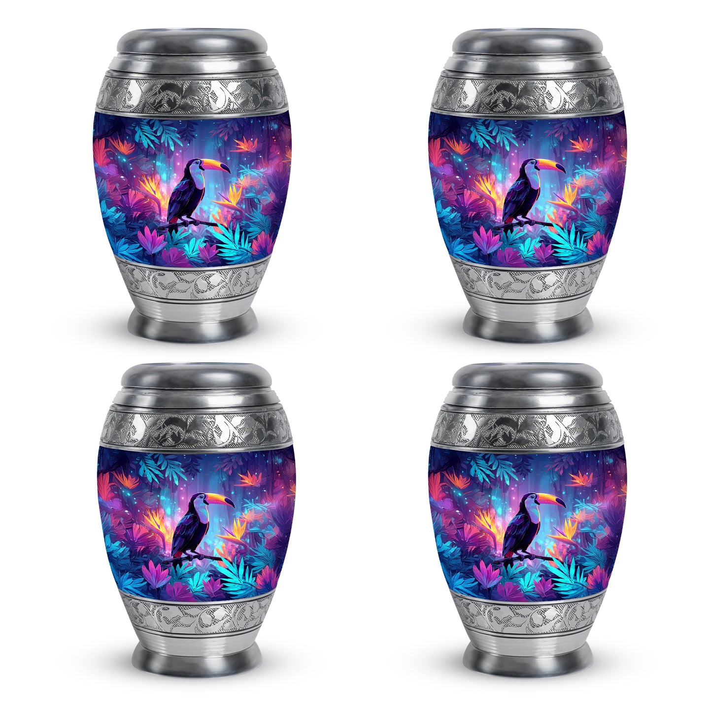 Celestial Blue Hornbill Cremation Urn urn with complimentary velvet bag - ornate monarch-style hornbill relief on brushed aluminum - 10 inch aluminum urn for cremated remains
