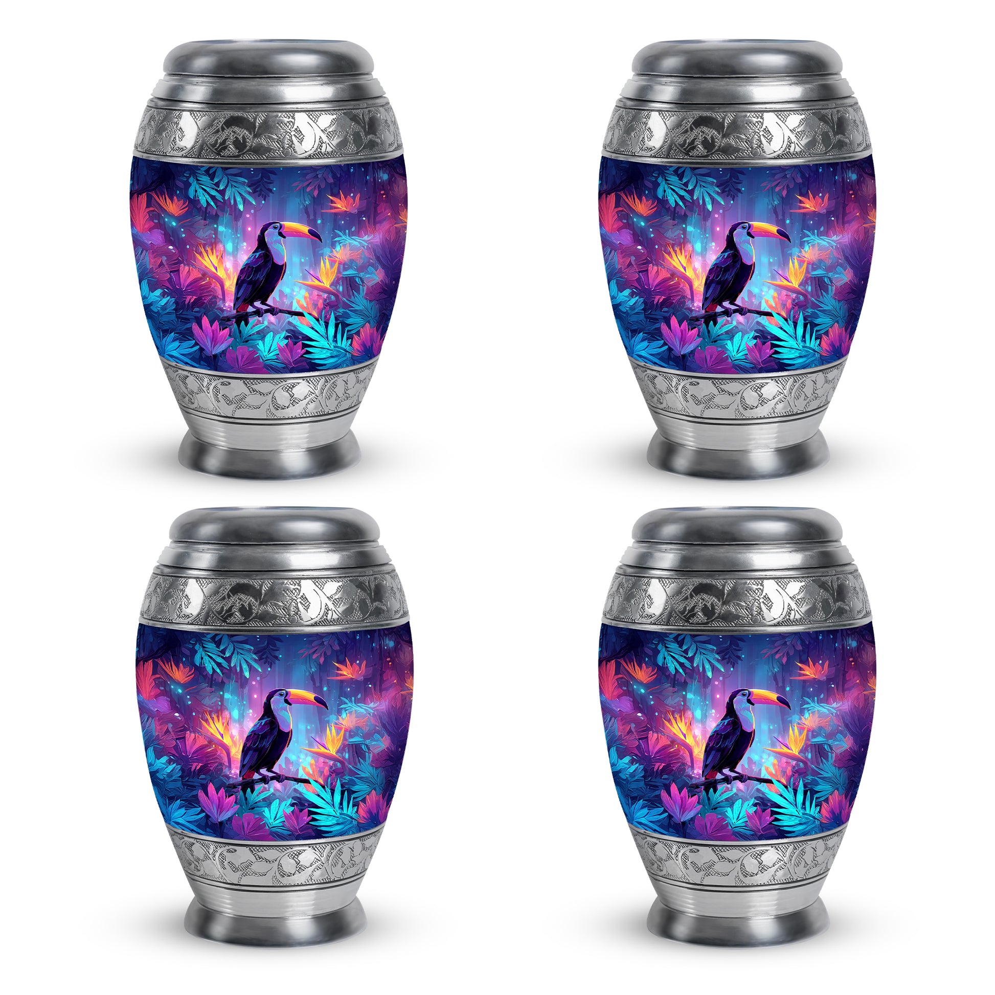 Celestial Blue Hornbill Cremation Urn urn with complimentary velvet bag - ornate monarch-style hornbill relief on brushed aluminum - 10 inch aluminum urn for cremated remains
