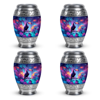 Celestial Blue Hornbill Cremation Urn urn with complimentary velvet bag - ornate monarch-style hornbill relief on brushed aluminum - 10 inch aluminum urn for cremated remains
