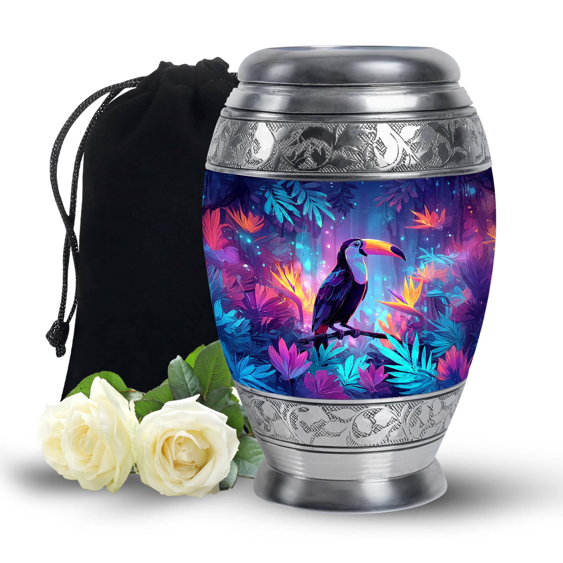 Sapphire Blue Hornbill Cremation Urn back view with polished surface - majestic hornbill pattern with filigree border - full-size 10 inch 200 cubic inch adult cremation urn