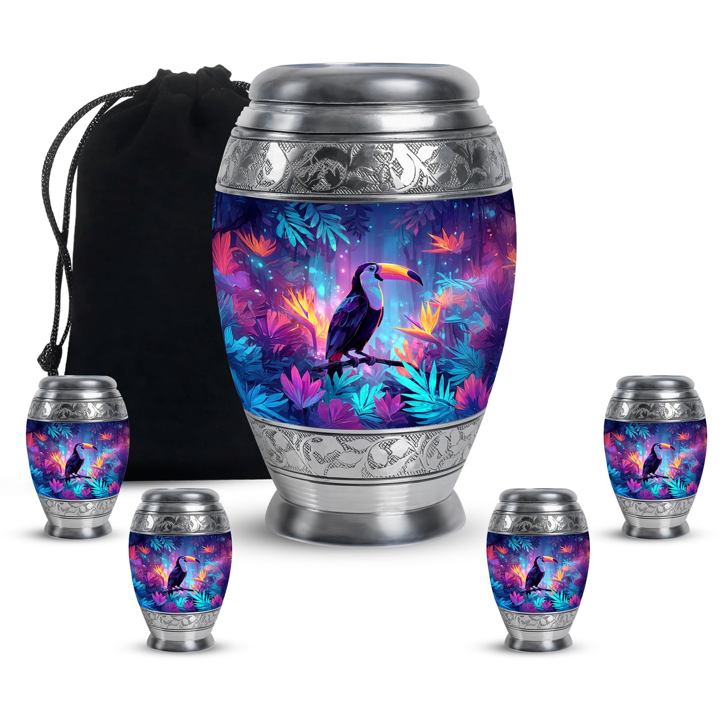 Cobalt Blue Hornbill Cremation Urn detail view - majestic hornbill pattern with filigree border - memorial set with one large and four small urns