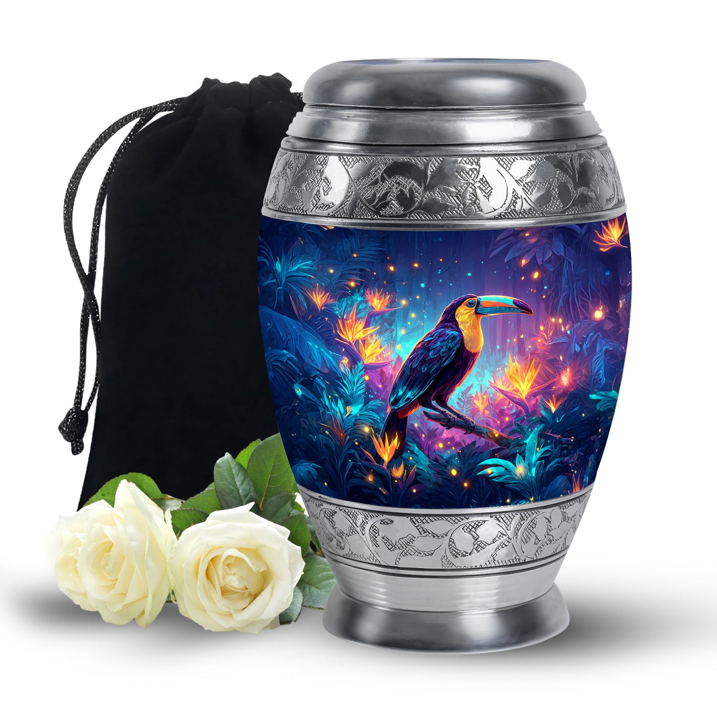 Bright Blue Hornbill Cremation Urn back view with polished surface - royal hornbill engraving with decorative scrollwork - full-size 10 inch 200 cubic inch adult cremation urn