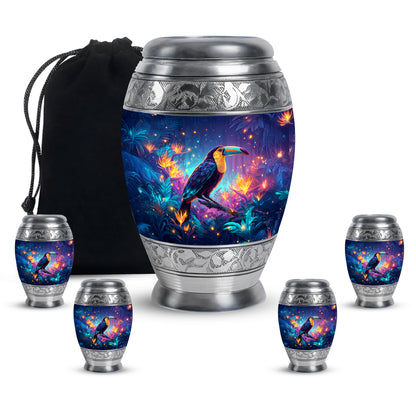 Cornflower Blue Hornbill Cremation Urn detail view - royal hornbill engraving with decorative scrollwork - memorial set with one large and four small urns