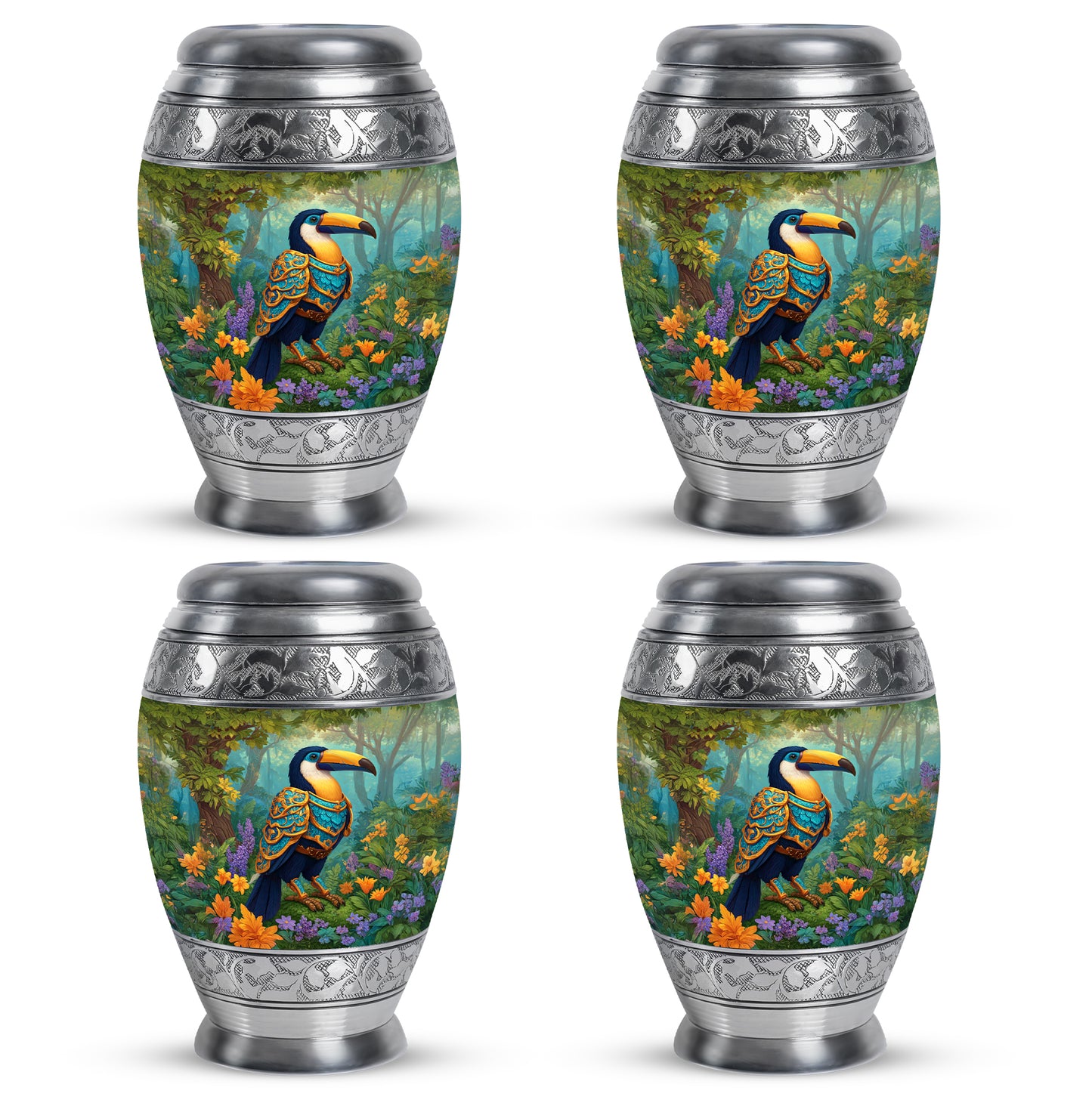 Honey Yellow Hornbill Cremation Urn urn with complimentary velvet bag - royal hornbill engraving with decorative scrollwork - 10 inch aluminum urn for cremated remains